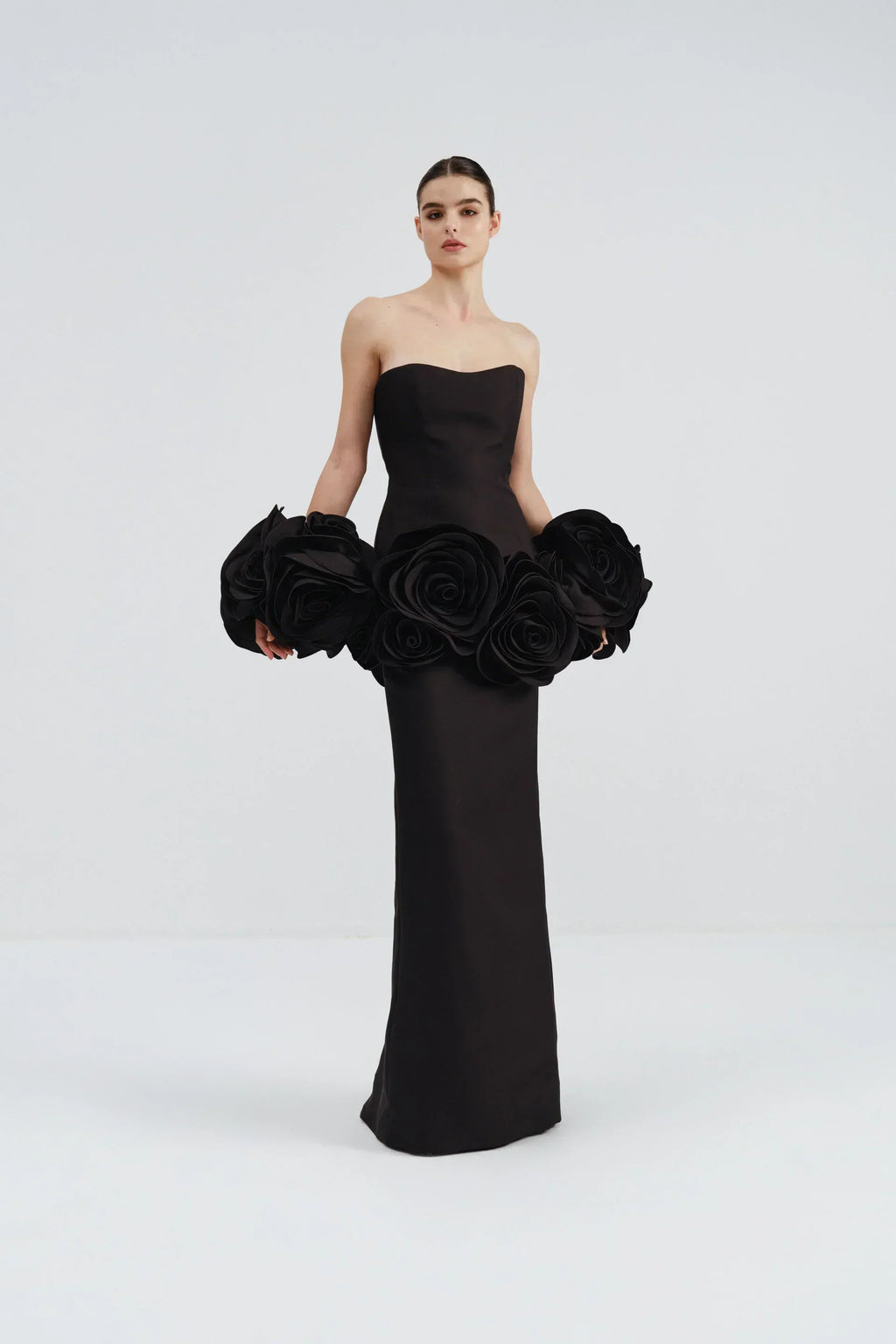 Stereoscopic Flowers Strapless Bandage Ankle Length Evening Dress Fashion Woman Birthday Party Dress Celebrity Party Outfit black