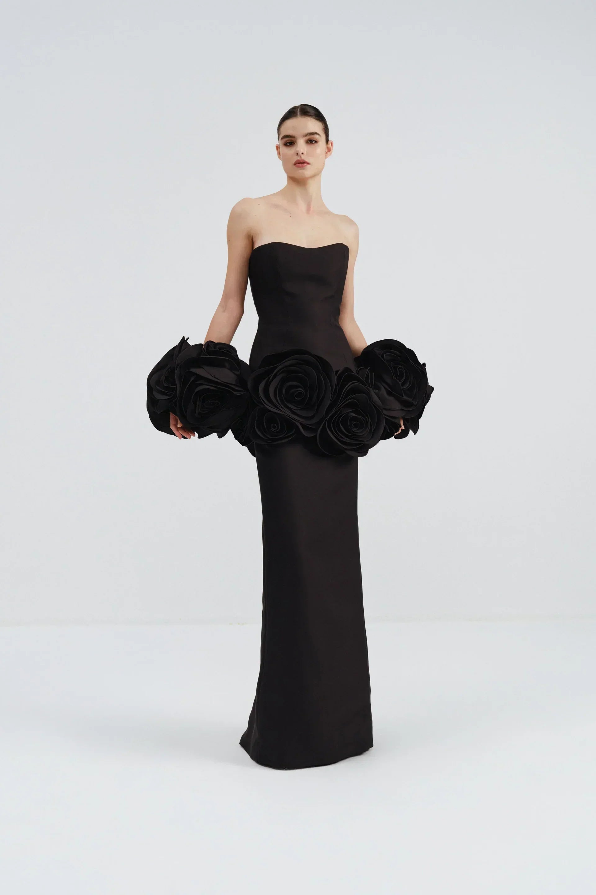 Stereoscopic Flowers Strapless Bandage Ankle Length Evening Dress Fashion Woman Birthday Party Dress Celebrity Party Outfit black