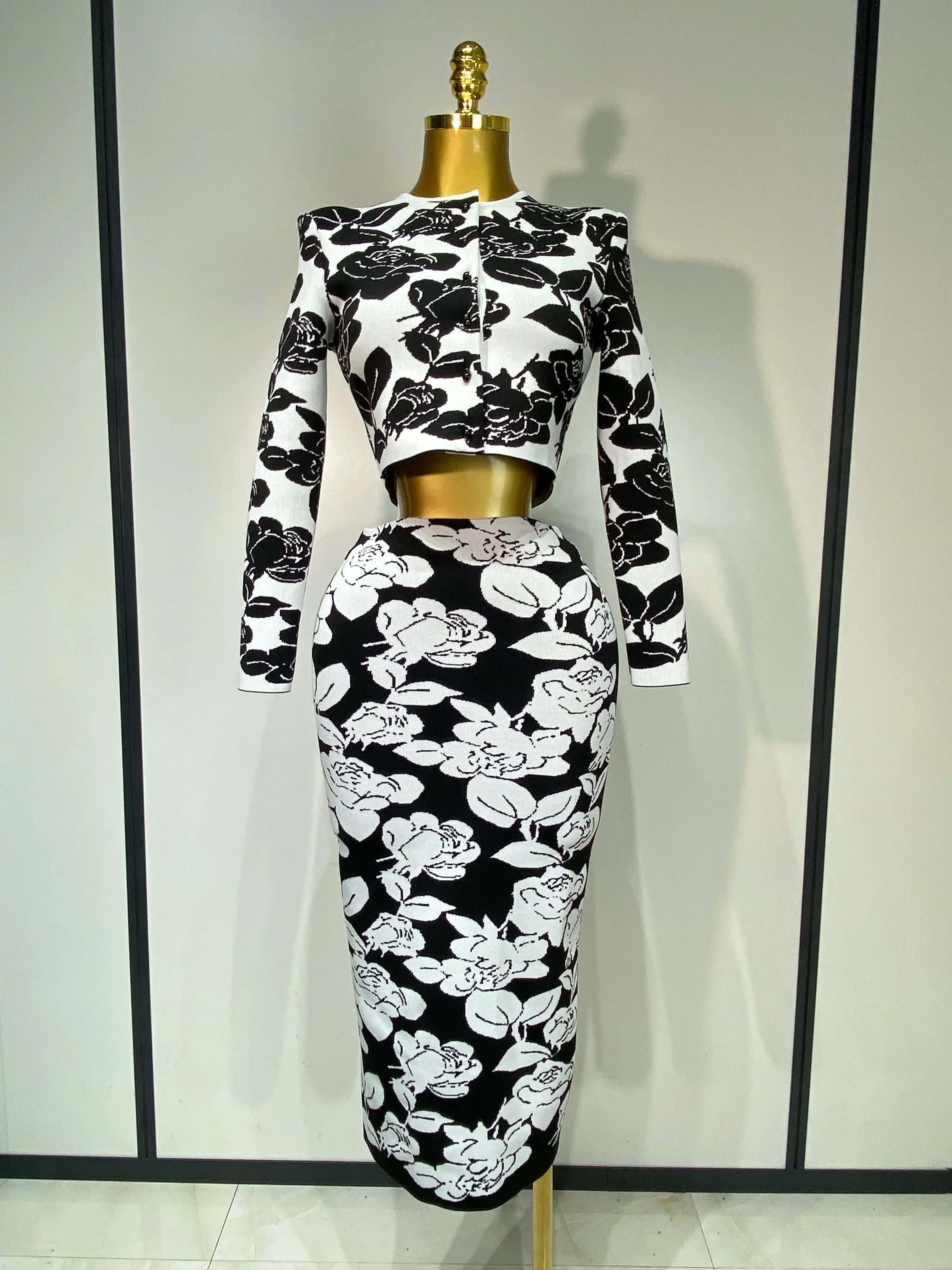 Women Long Sleeve Jacquard Weave Two Pieces Set Celebrity Red Carpet Dress Birthday Bodycon Bandage Women's Set