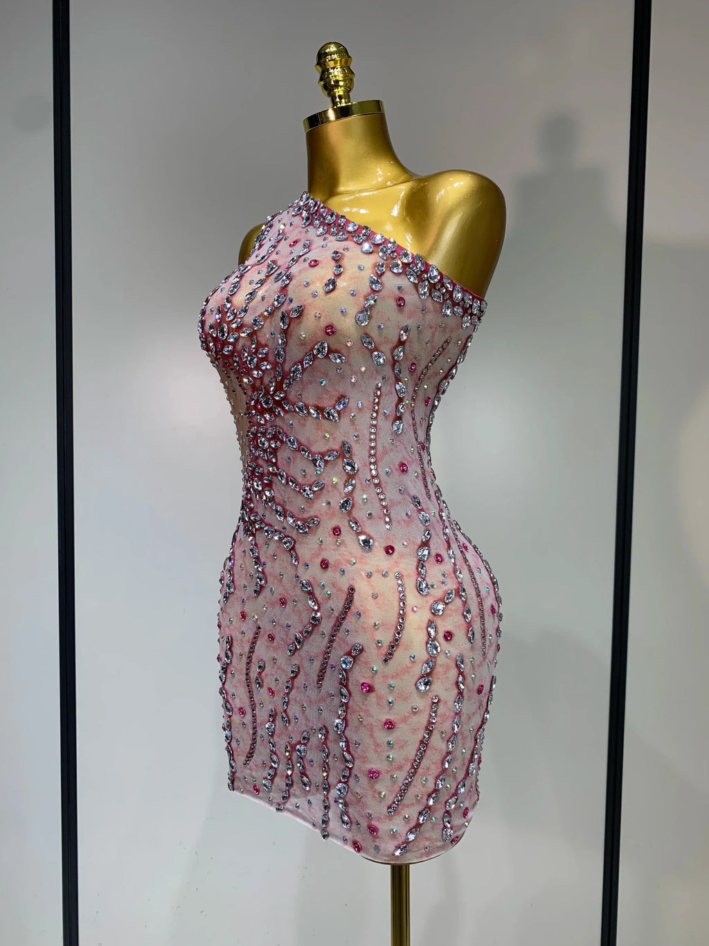 Women Sexy Mesh See Through Rhinestone Mini Dress Stage Dancer One Shoulder Stretch Night Club Party Birthday Dress Stage Outfit
