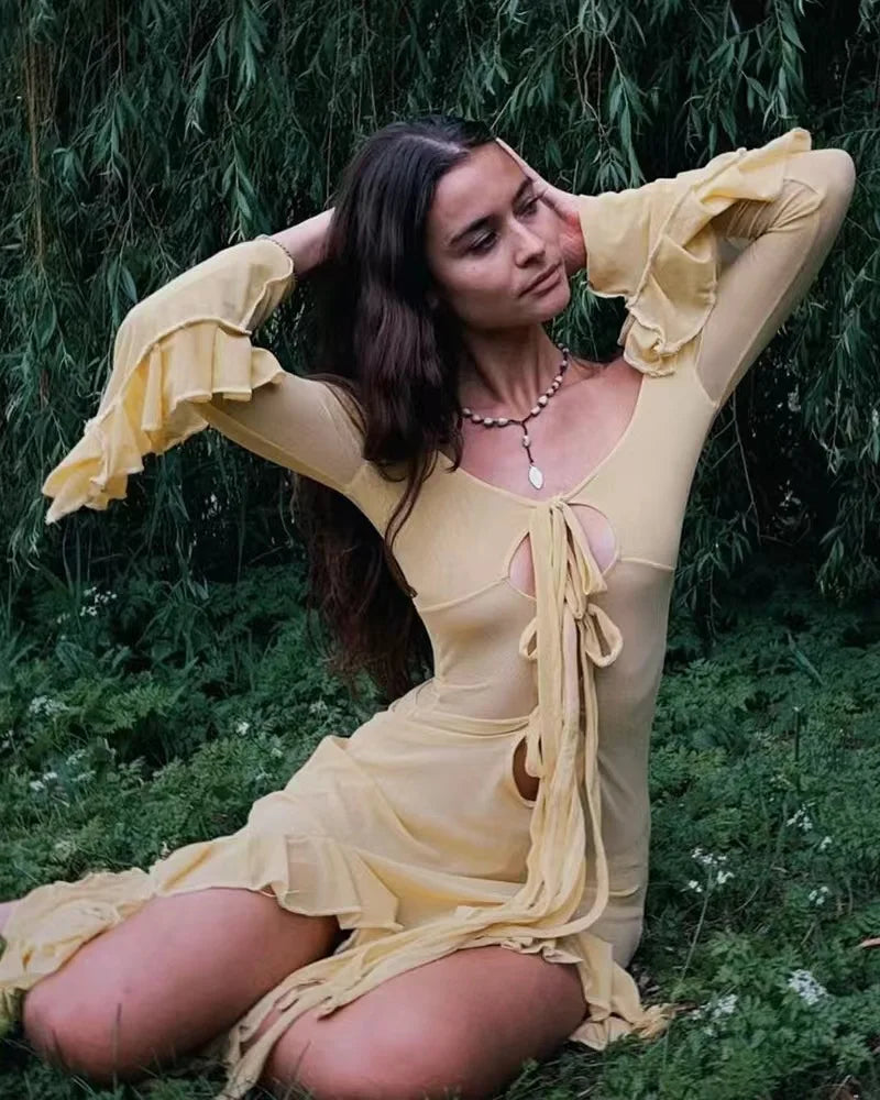 Ruffled Slit Vneck Maxi Dress
