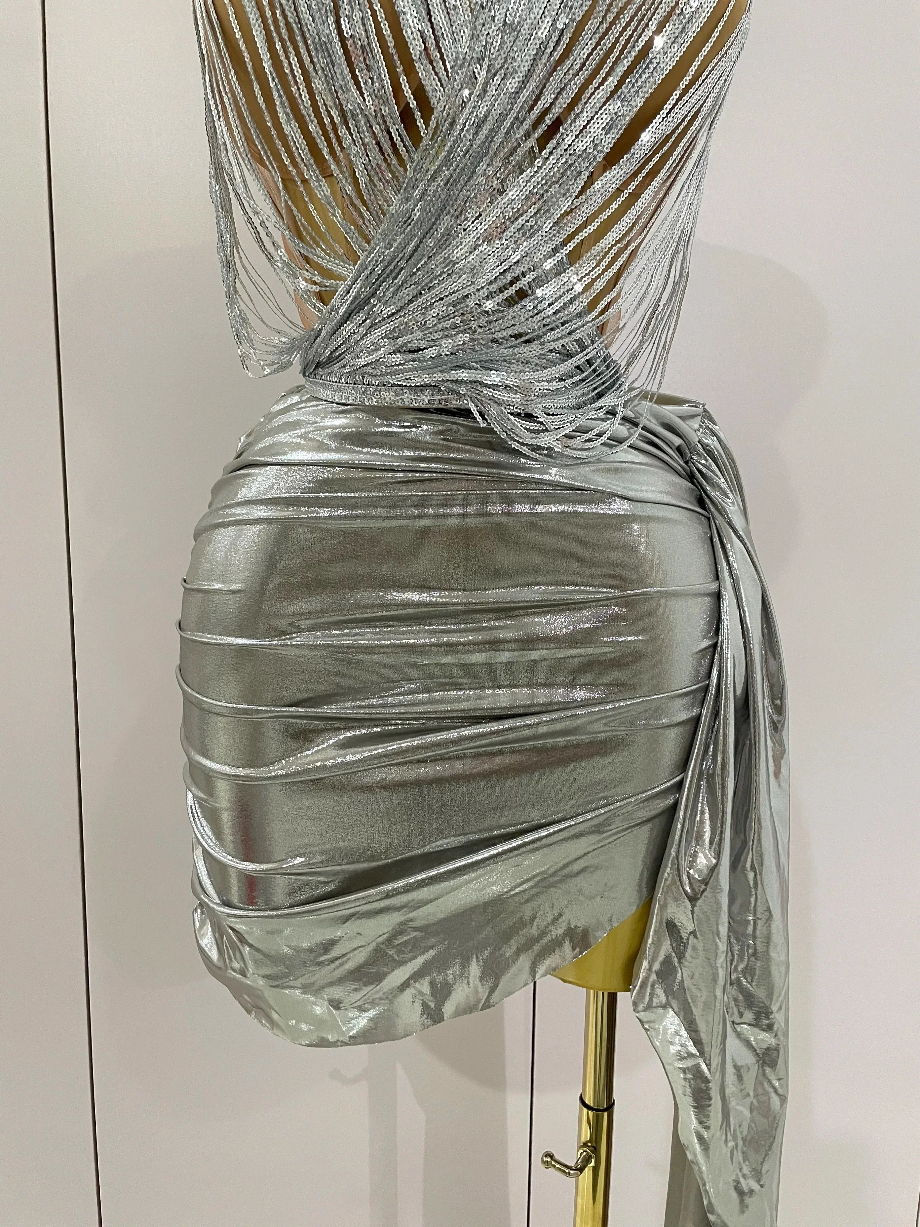 Sexy Strapless Sequin Top Short Skirt 2 pcs Set Women Party Celebrate Nightclub Singer Performance Stage Outfit