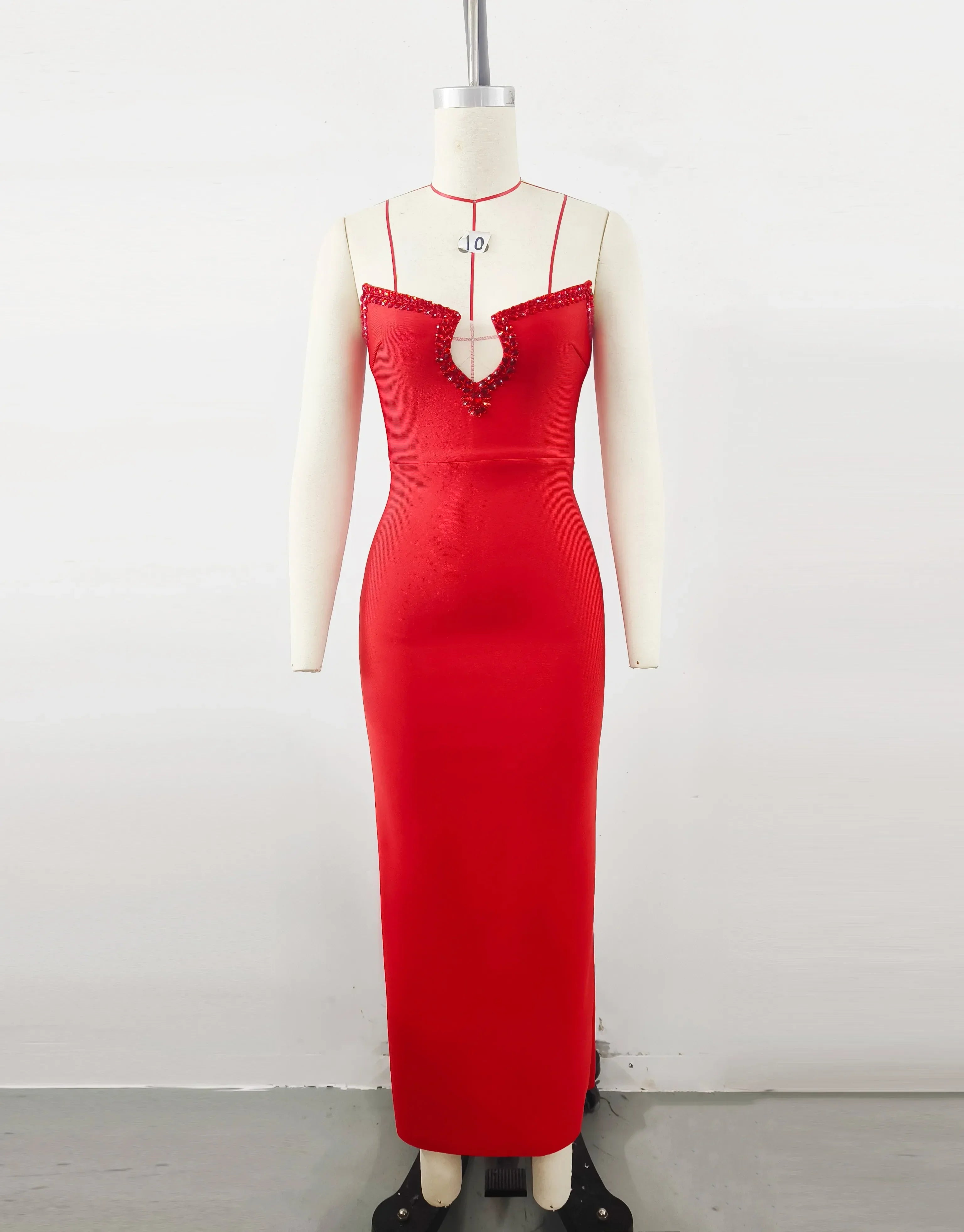 Red Color Women Sexy Strapless Shinning Crystal Bodycon Long Bandage Dress Wedding Mermaid Celebrate Evening Party Outfit