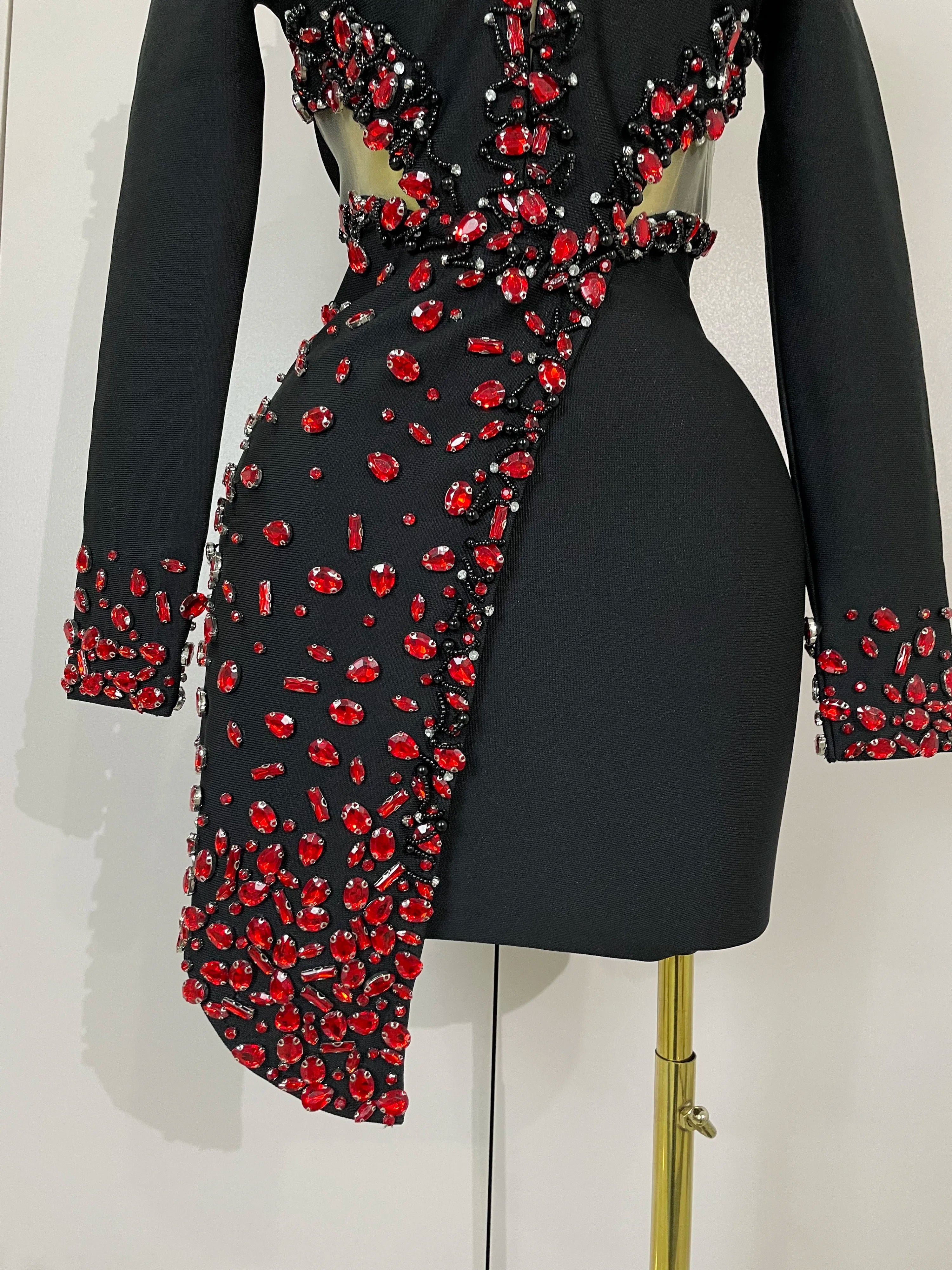 Women Celebrity Sexy Long Sleeve V Neck Rhinestone Black Bandage Dress  Elegant Evening Club Luxury Birthday Party Dresses