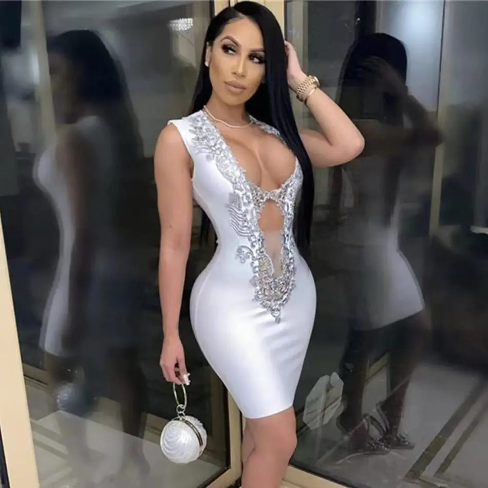 Women Sleeveless Sexy V-Neck Bodycon Bandage Mini Dress Fashion Nightclub Party Celebrate Outfit Vestido WHITE