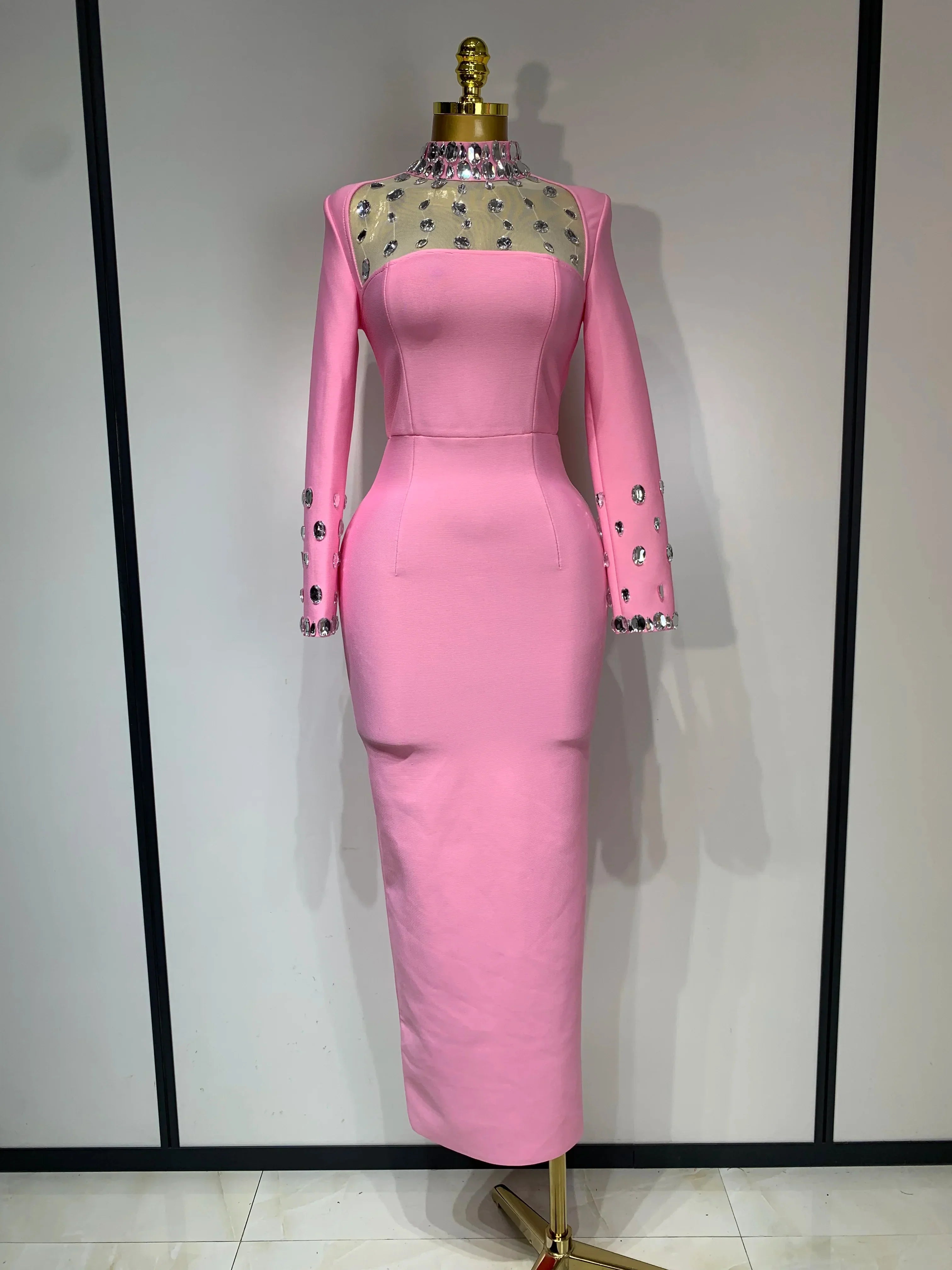 Luxury Birthday Dresses Sparkly Diamond Long Sleeve Black Bodycon Bandage Dress Women Wedding Evening Club Party Prom Gowns Pink