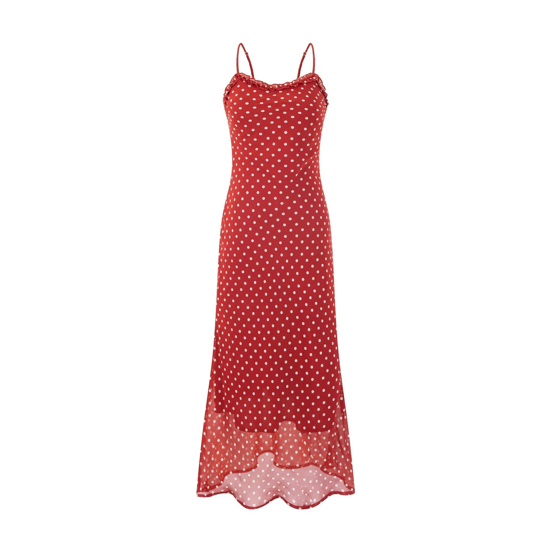 Elegant Red Chiffon Polka Dot Beach Dress for Women Summer Sexy Spaghetti Strap Holidays Dress Fashion Backless Party Outfits