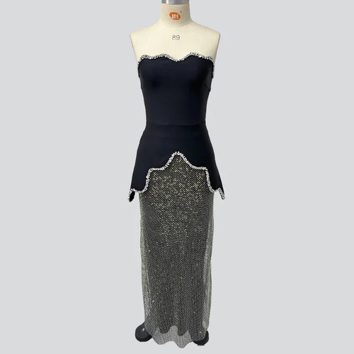 Black Women Sexy Strapless 2 Pieces Shinning Diamond Bodycon Dress Nightclub Party Celebrate Birthday Evening Outfit