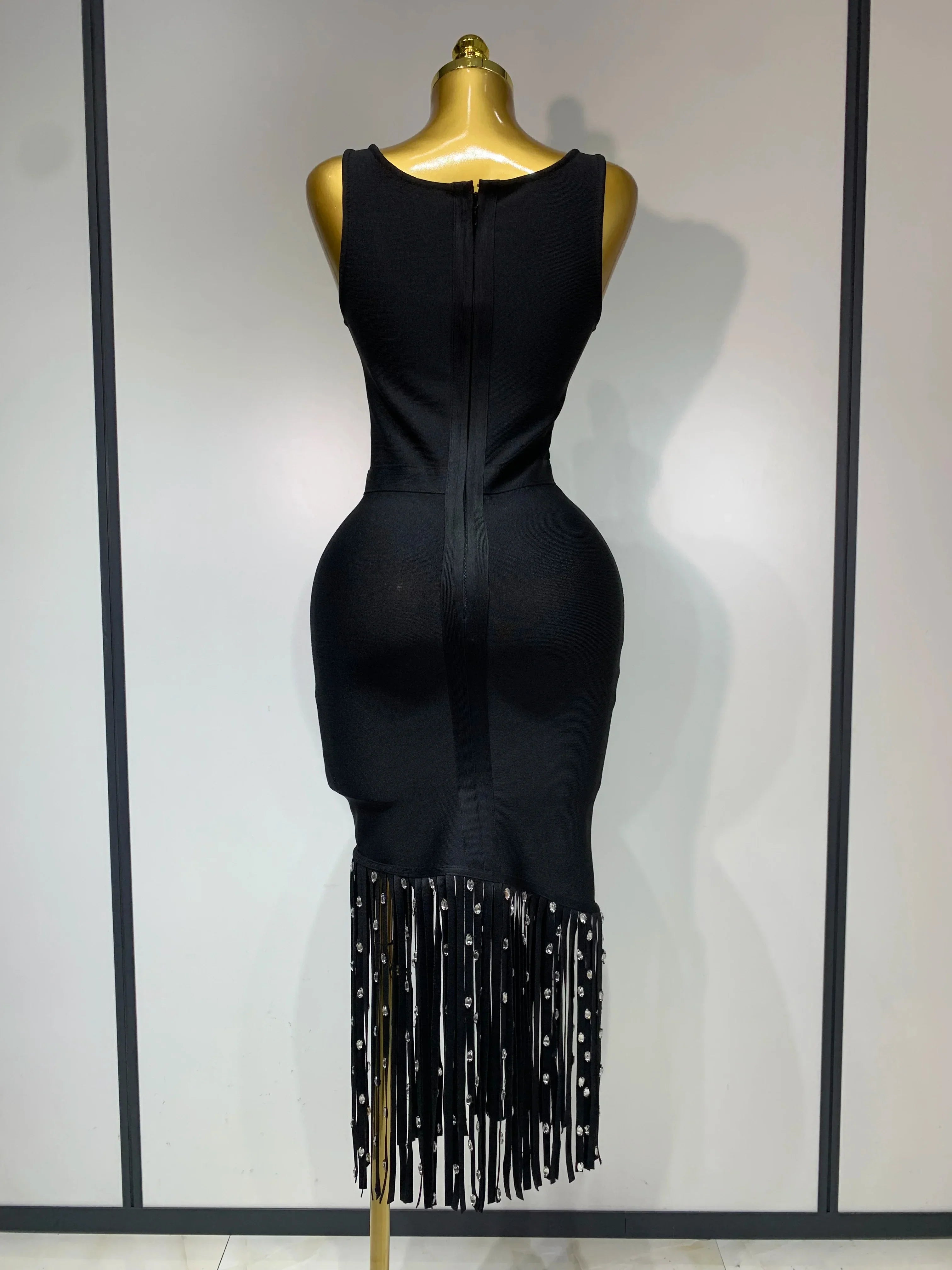 New Fashion Crystal Tassel Temperament Suspender Bodycon Bandage Dress Sexy Midi Evening Party Birthday Dresses Vestidos