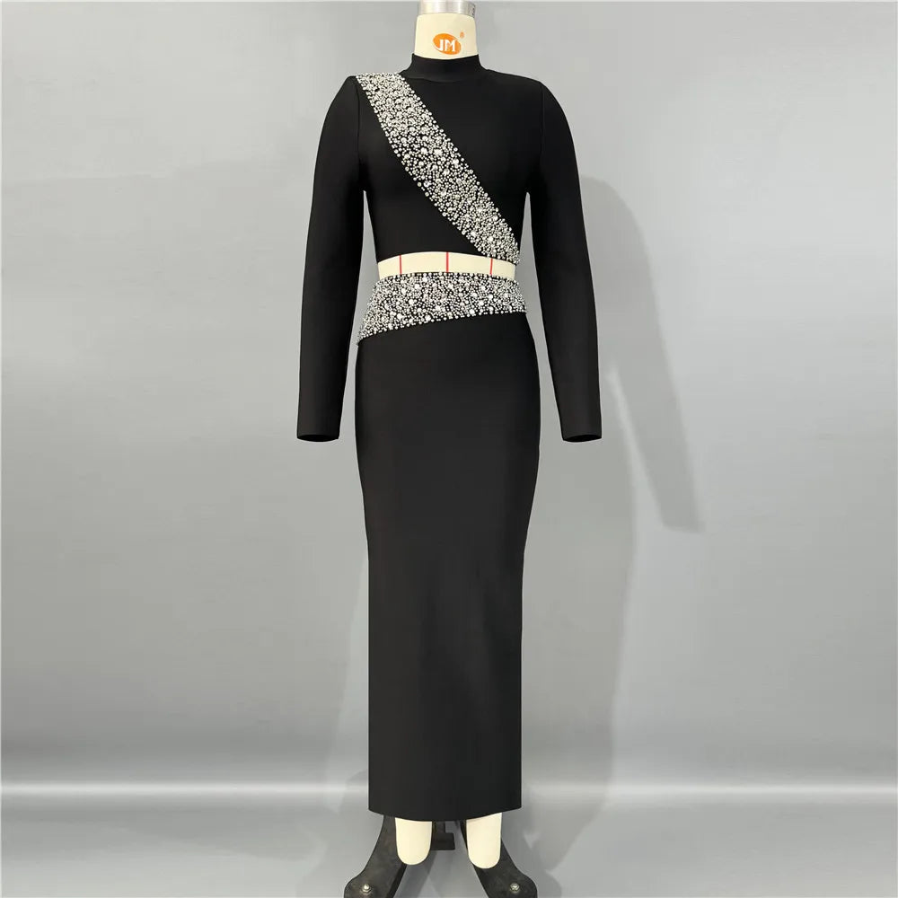 Black Red Women Long Sleeve Shinning Rhinestones 2 Pieces Bodycon Long Bandage Dress Elegant Evening Party Red Carpet Outfit