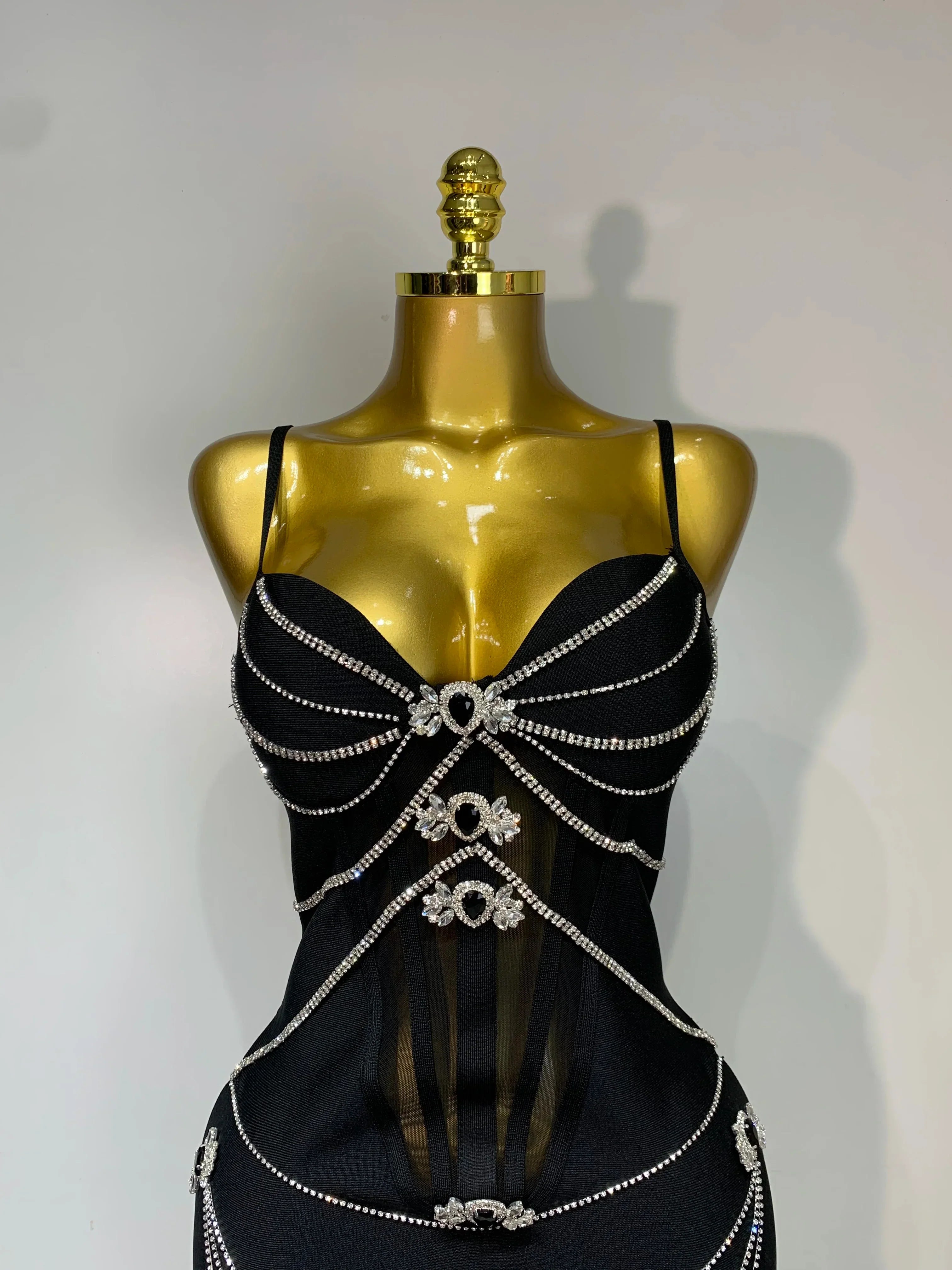 New Spaghetti Strap Bodycon Bandage Dress Women Sexy Sparkly Beading Club Evening Party Birthday Dresses Wedding Guest Gown