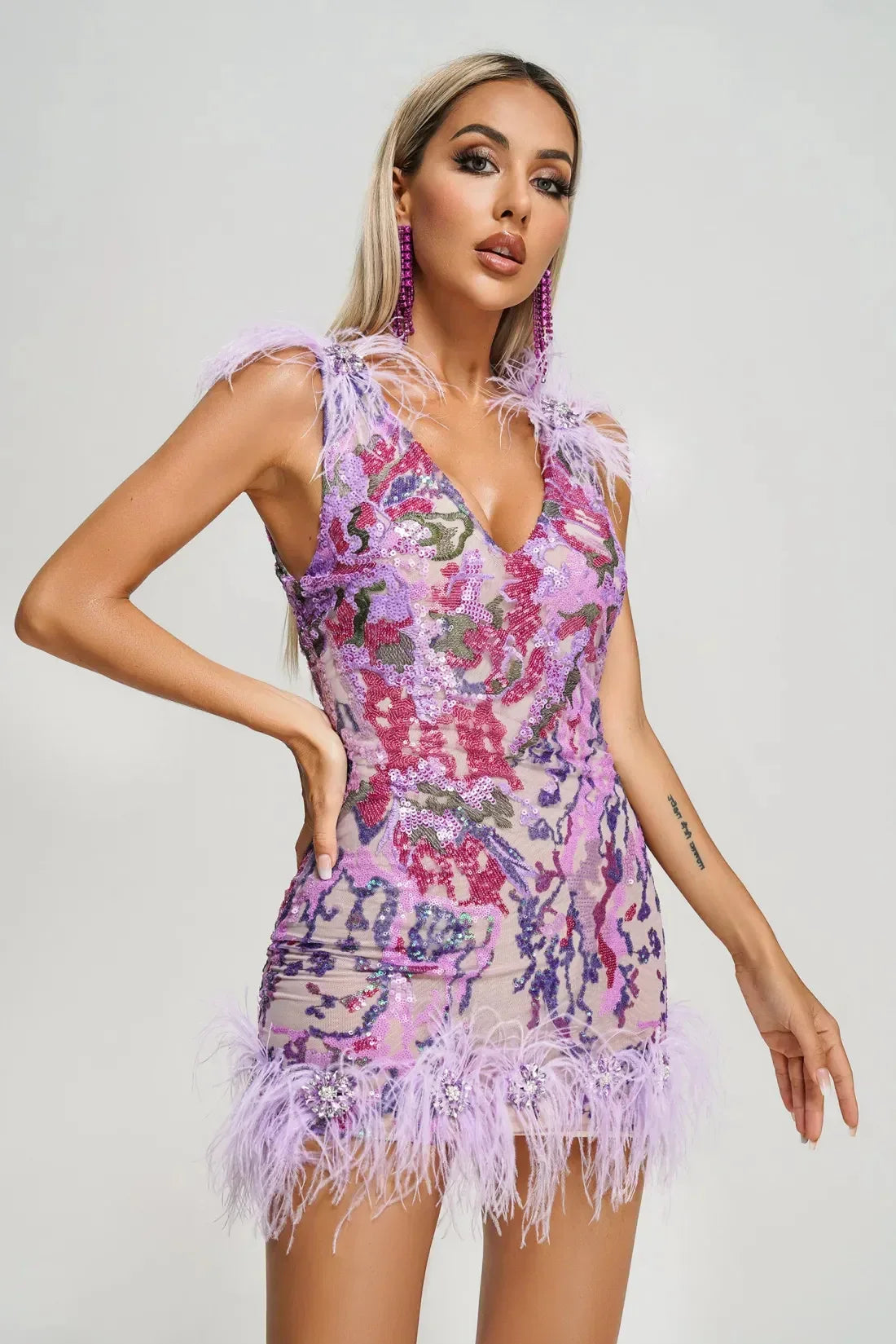 Sexylady Party Dress Purple Feathers V Neck Sexy Club Bodycon Wear Gowns Shinny Diamons Luxury