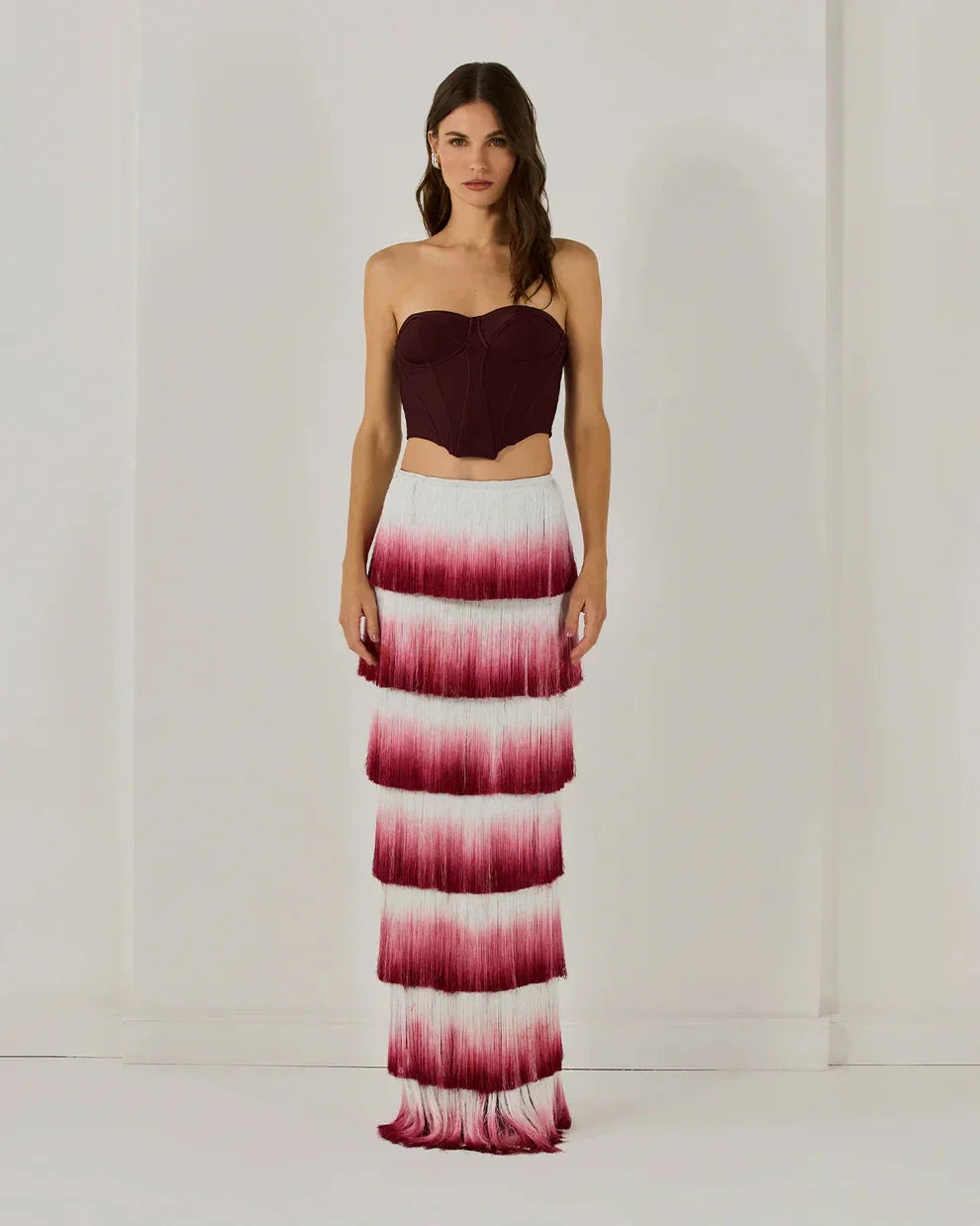 Women Sexy Strapless Gradient Tasseles Strapless 2 Pieces Bodycon Bandage Long Dress Celebrate Birthday Party Outfit