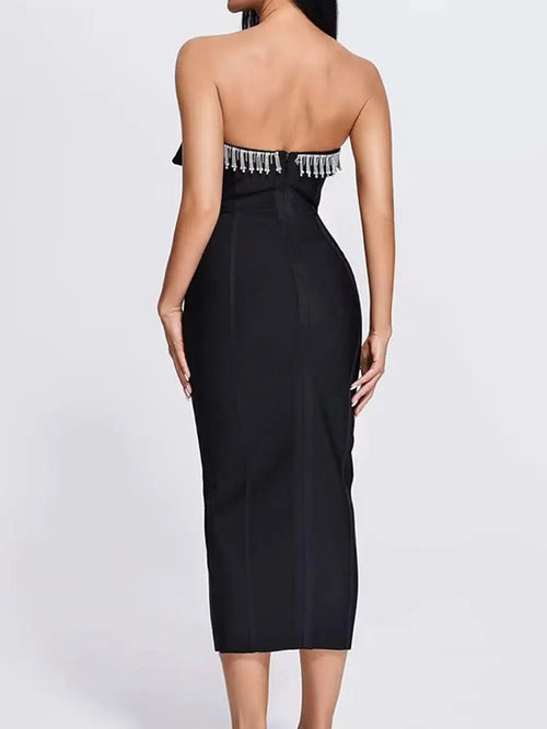 2024 Sexy Women'S Light Luxury Sequin Rhinestone Tassel Design Bandage Dress Strapless Sleeveless Bodycon Backless Midi Dresses