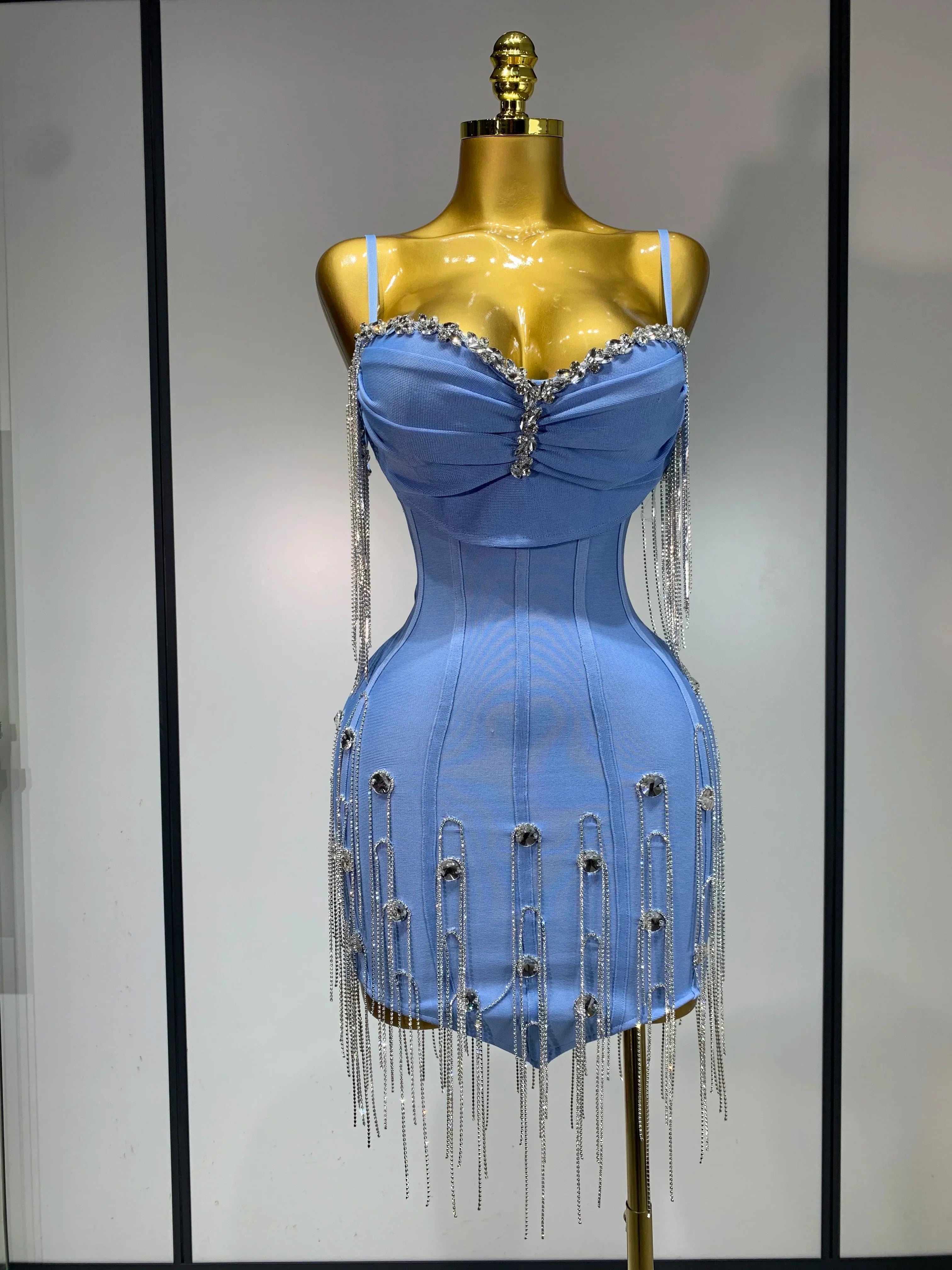 Women Sexy Backless Spaghetti Strap Bodycon Sleeveless Bandage Dress Elegant Prom Gown Club Evening Party Birthday Dresses SKY BLUE