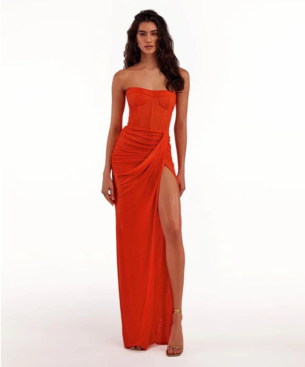 Summer Women Sexy Strapless Bodycon Mid-calf Bodycon High Split Dress Fashion Wedding Mermaid Celebrate Party Dress