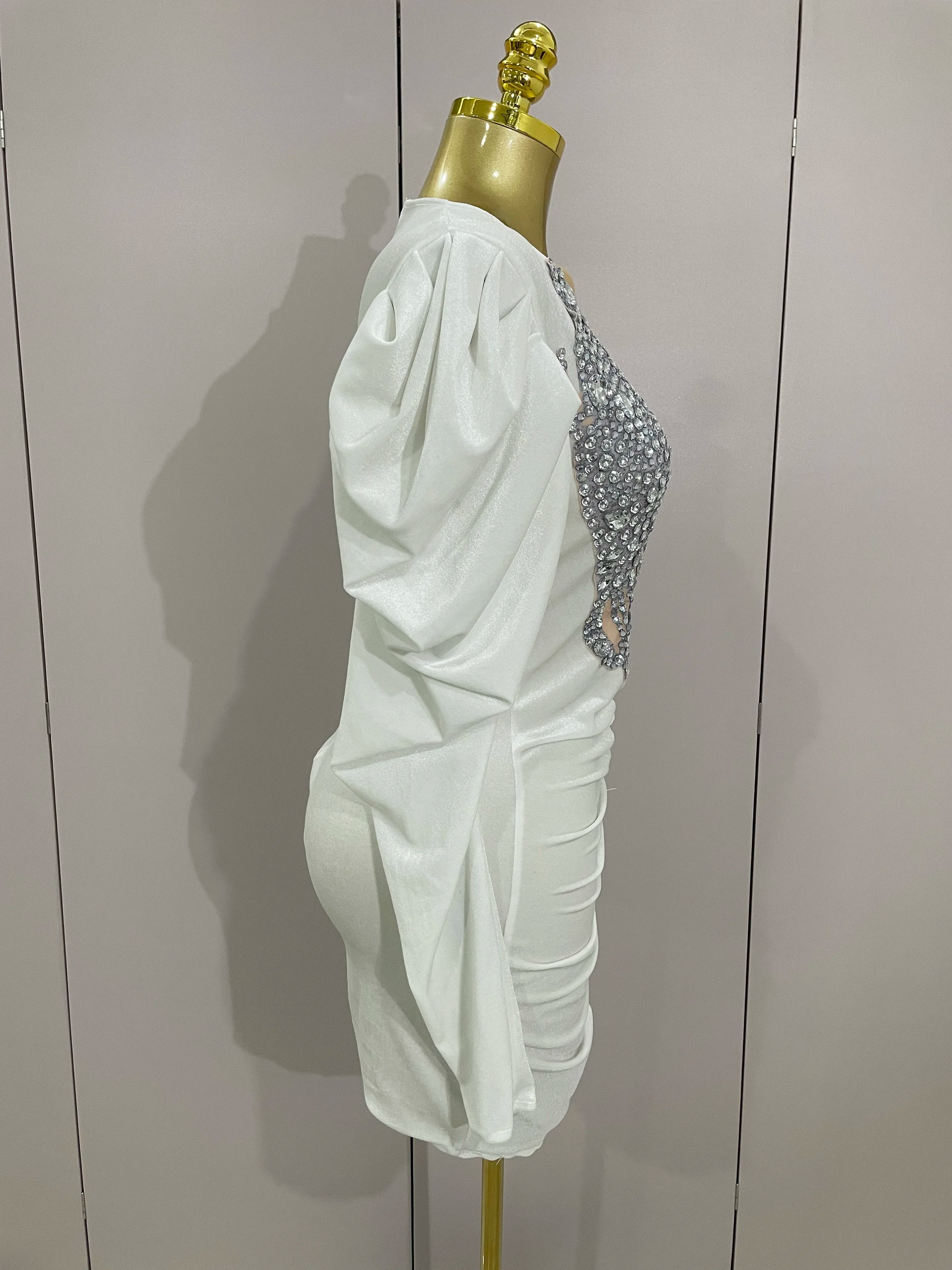 Luxury Sparkly Crystals Sexy Mesh White Velvet Short Dress  Women Elegant Evening Prom Birthday Party Dresses Stage Costume