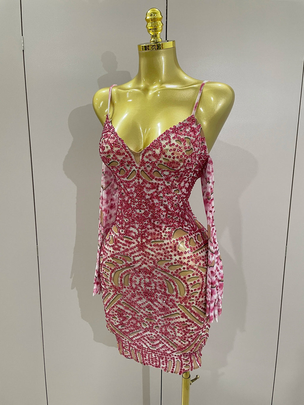 Sexy Sparkly Rhinestones Mesh Mini Dress With GlovesWomen Evening Birthday Party Celebrate Costume Dancer Stage Wear