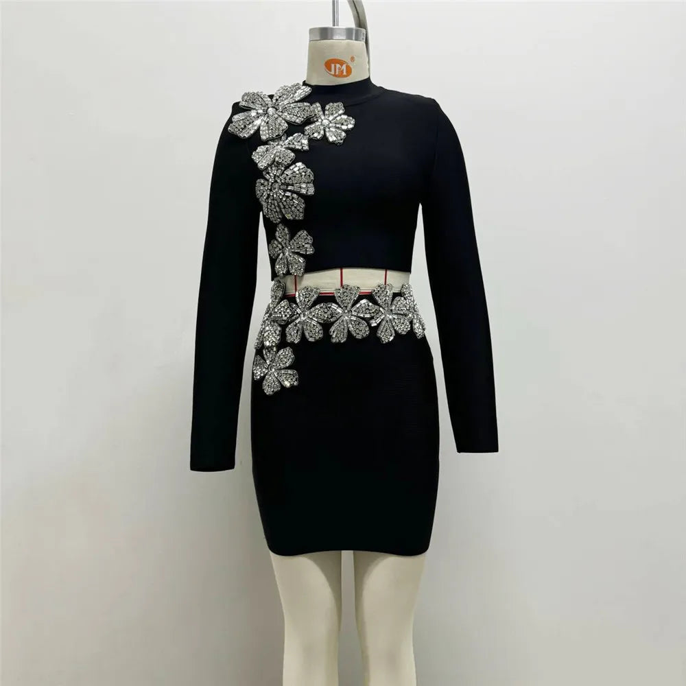 Women Long Sleeve Diamond Florals Bodycon 2 Pieces Mini Bandage Dress Celebrate Nightclub Party Birthday Dress mini set