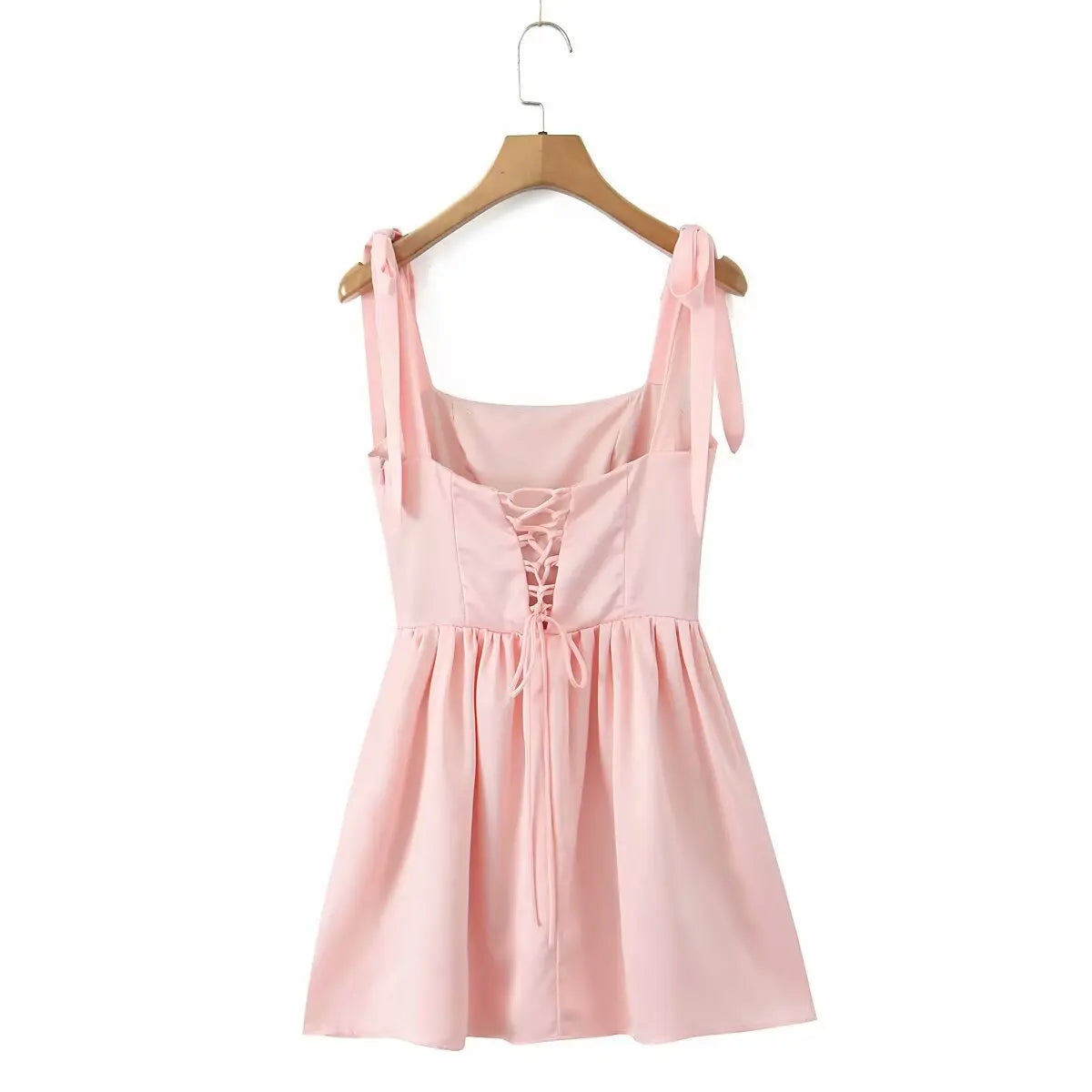 2025 Pleated Design Tie up Sleeveless Summer Dresses Women Solid Color Slim Fit Mini Dress Simple Fashion Party Dress