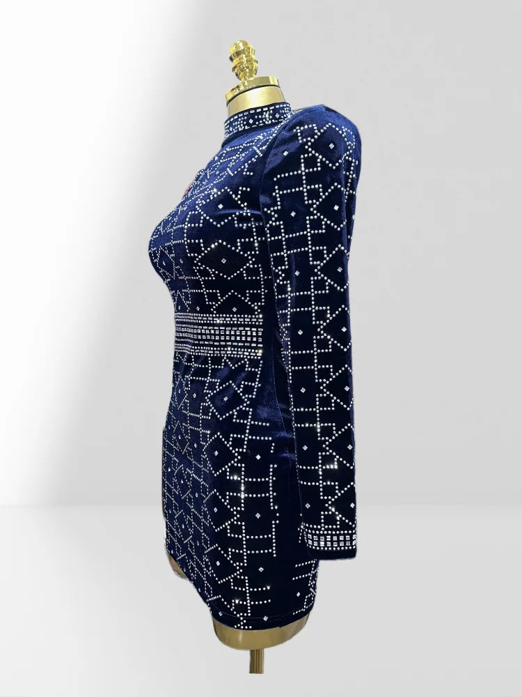 Dark Blue Velvet Luxury Diamonds O-neck  Tuck Waist Mini Dress Fashion Woman Party Dress Celebration Birthday Vestido