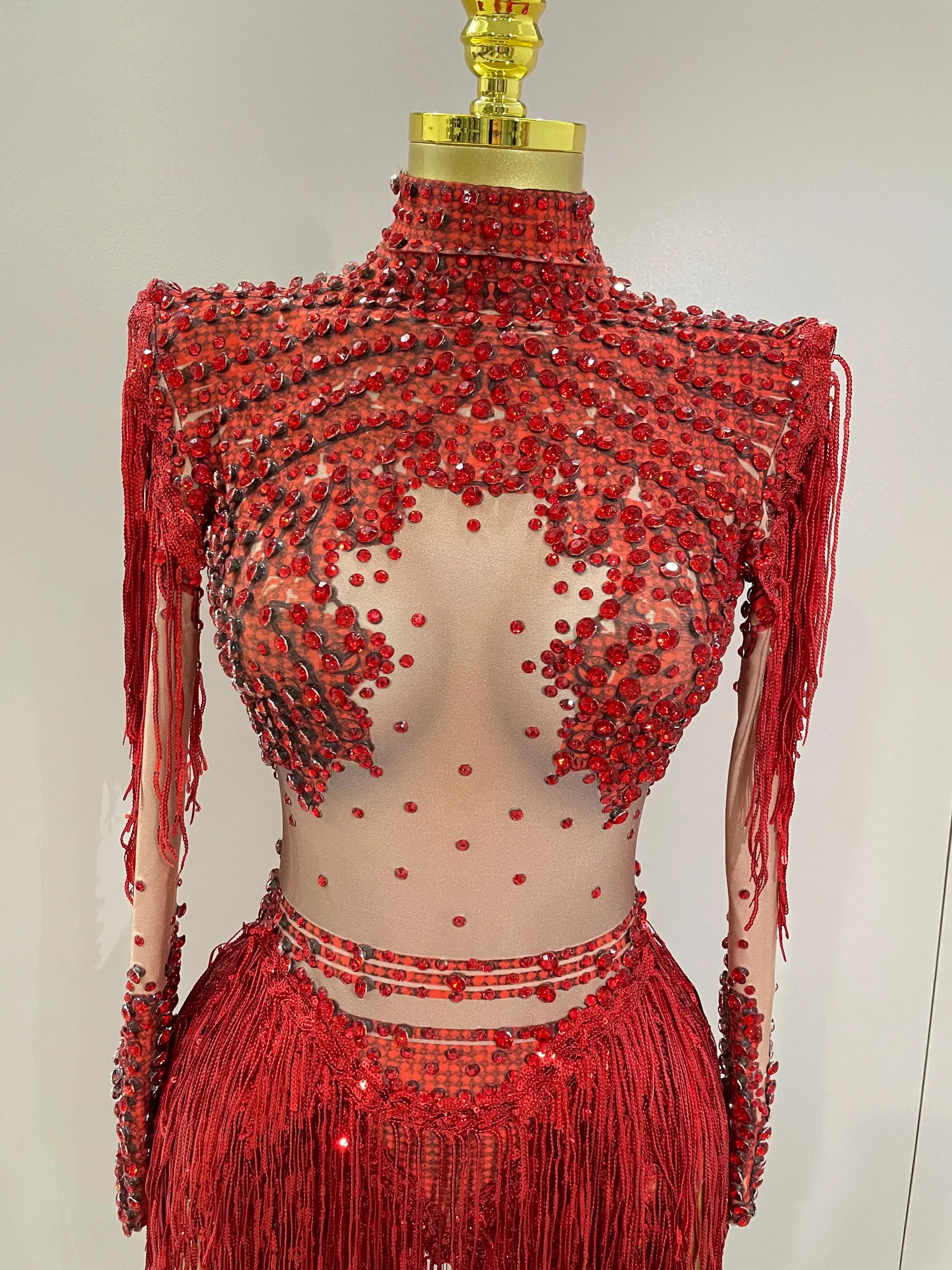 Sparkly Rhinestone Sequin Tassel Stretch Bodysuits  Women Birthday Party Nightclub Dj Stage Performance Costume