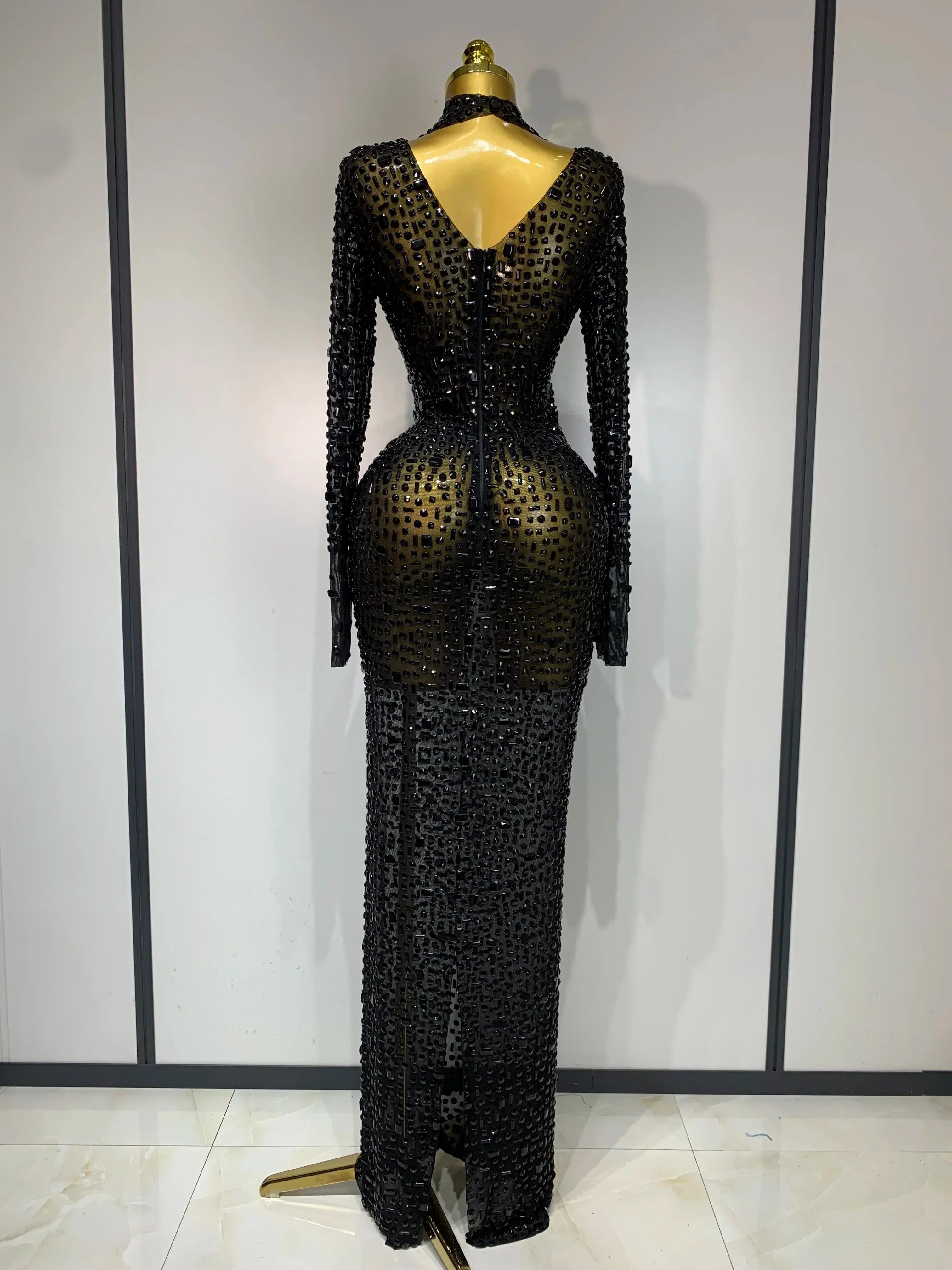 Sparkly Luxury Rhinstones Long Sleeve Elegant Party Dress Women  Performance Stage Outfit Evening Birthday Prom Gown