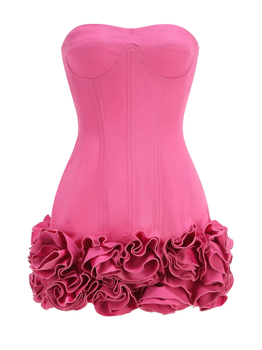 Pink Color Women Sexy Strapless Florals Bodycon Mini Dress Nigthclub Party Celebrate Birthday Fashion Outfit Vestido