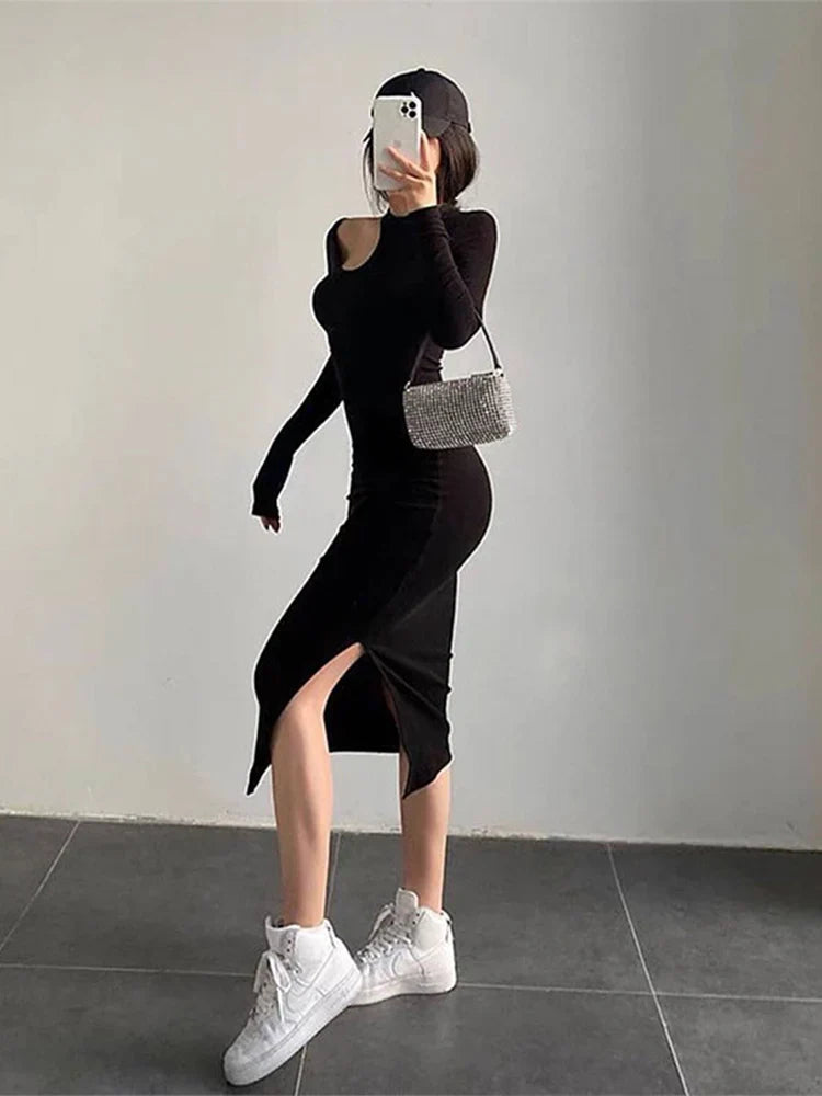 Cut Out Oneck Long Sleeve Solid Casual Midi Dresses