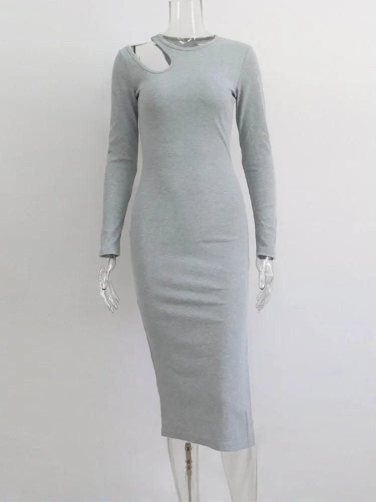 Cut Out Oneck Long Sleeve Solid Casual Midi Dresses