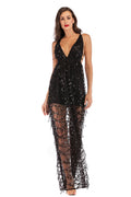 Sexy Deep V Neck Sequined See-through Sparkly Prom Dress - Mislish