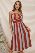 Sexy Halter Empire Waist Cutout Striped Dress - Mislish