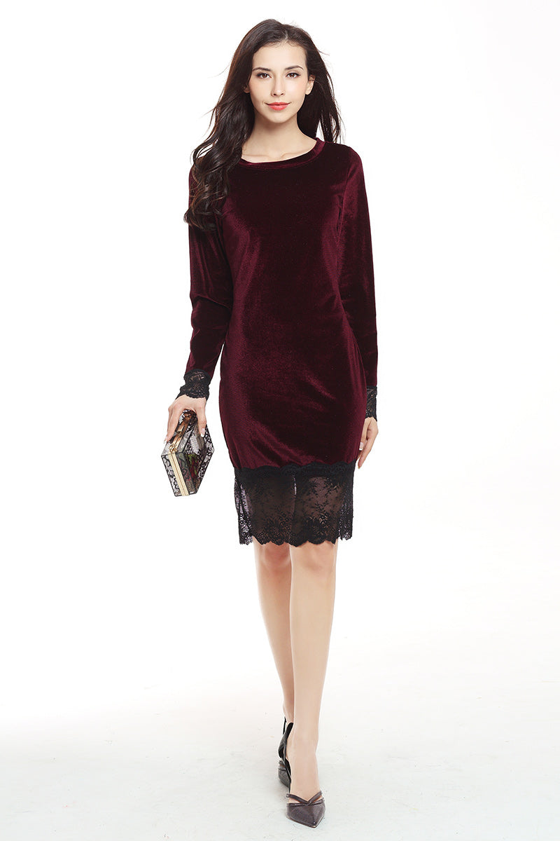 Sexy Lace Panel Velvet Bodycon Dress - Mislish