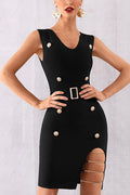 Sexy V-neck Button Belt Bandage Dress - Mislish