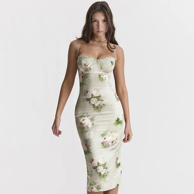 Lace Silk Strap Backless Floral Dress