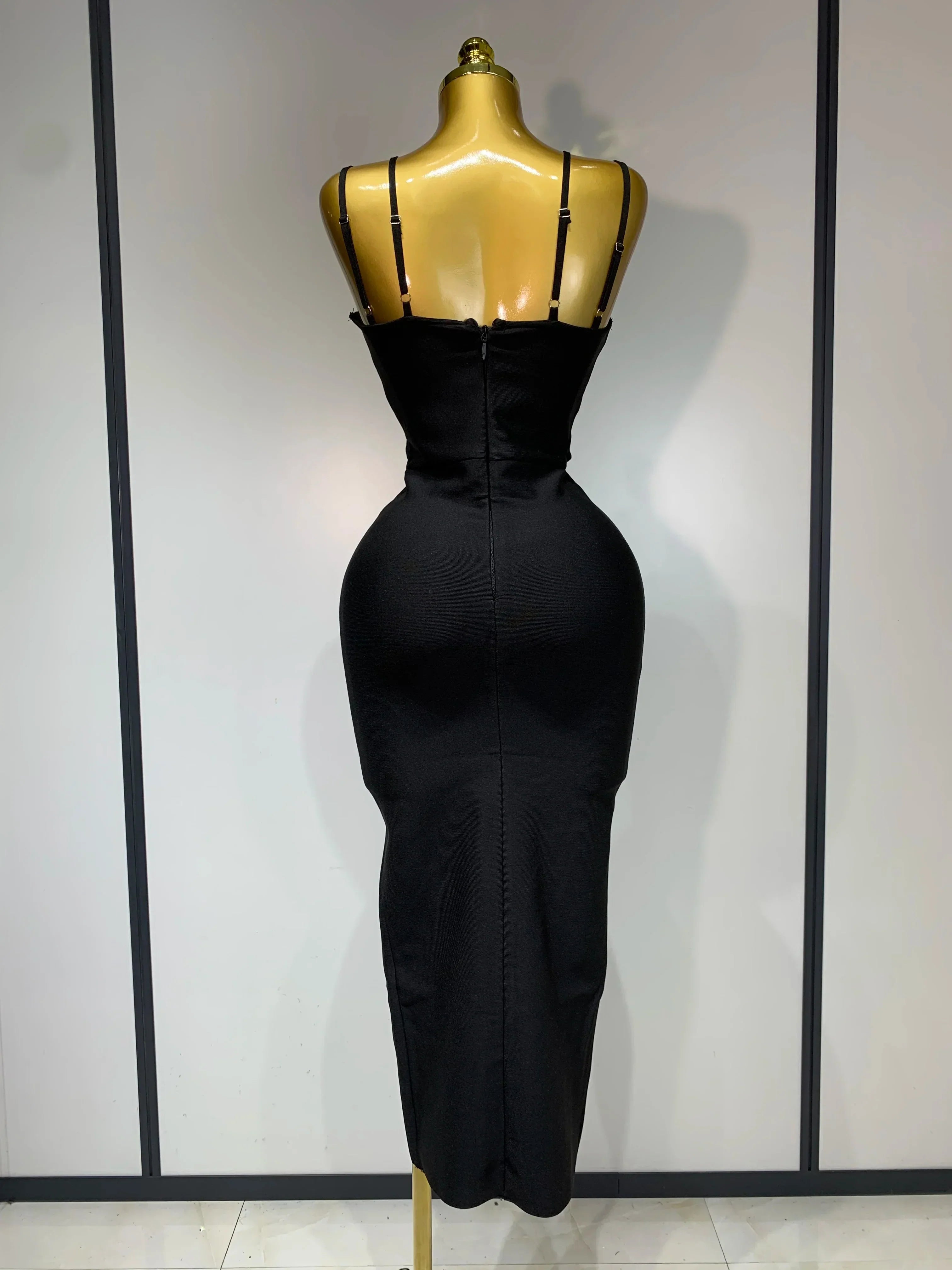Women Sexy Sleeveless Hollow out Split Backless Black Midi Bandage Dress  Celebrity Elegant Evening Cocktail Party Dresses