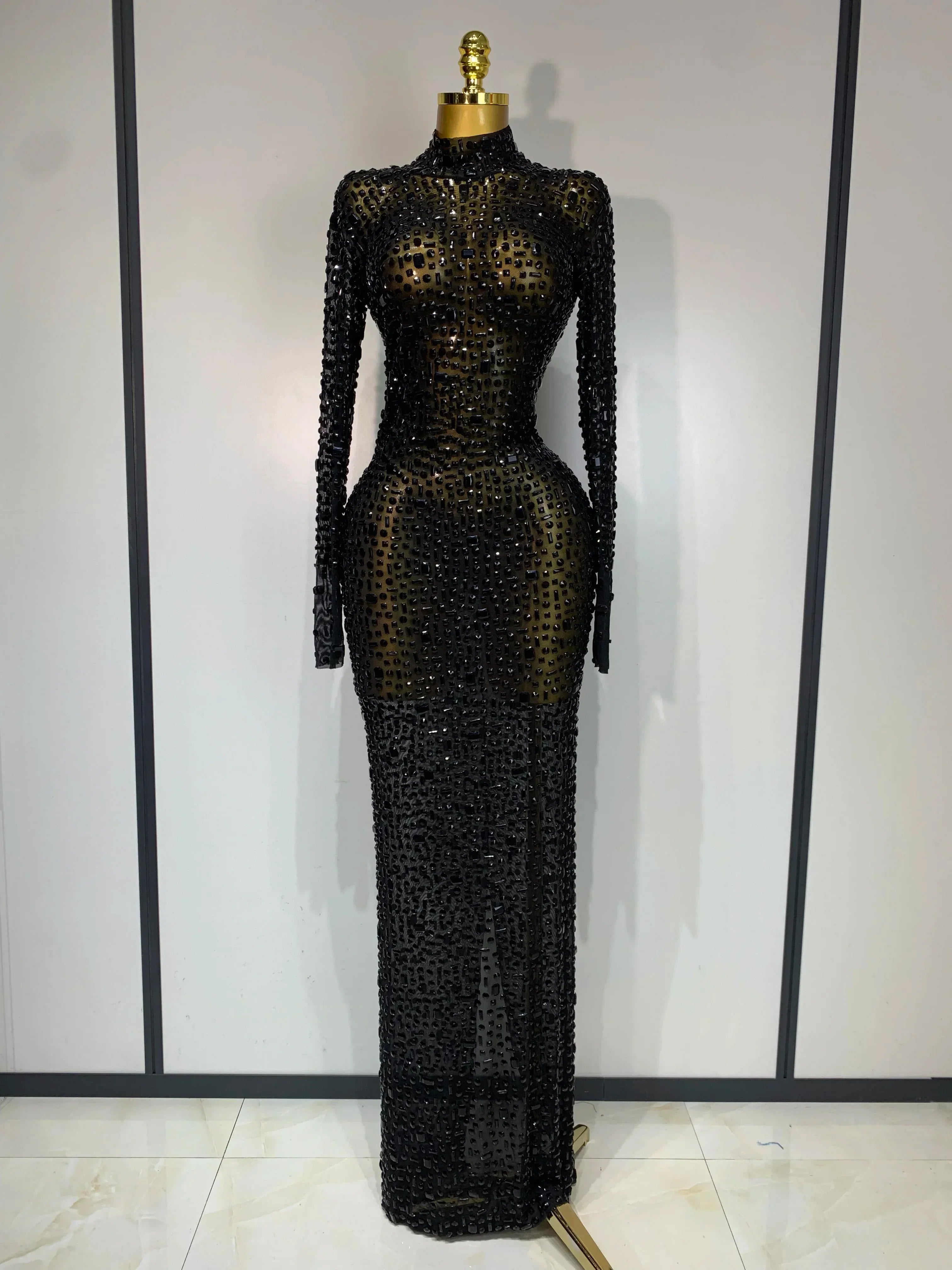 Sparkly Luxury Rhinstones Long Sleeve Elegant Party Dress Women Performance Stage Outfit Evening Birthday Prom Gown black