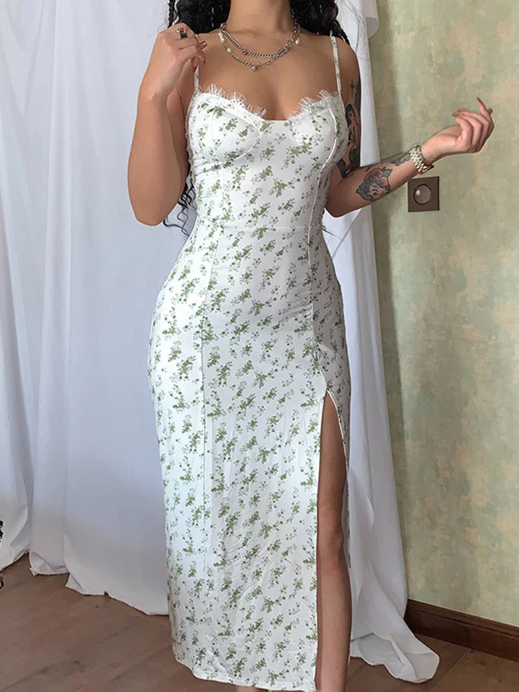 Slip Slit Midi Ruffle Floral Dress