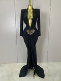 Sexy Deep V-Neck Long Sleeve Bodycon Long Dress Women Spring Elegant Evening Party Celebrate Cocktail Outfit Vestido black
