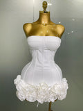 Sexy Evening Bandage Dress Strapless Bodycon Flowers Mini Celebrity Women Birthday Party Dress Photo Shoot Nightclub Outfit WHITE