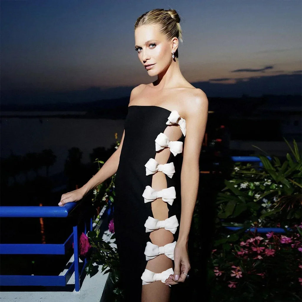 Black Color Women Sexy Strapless Side Bow Hollow Out Bodycon Bandage Midi Dress Nightclub Party Celebrate Evening Dress