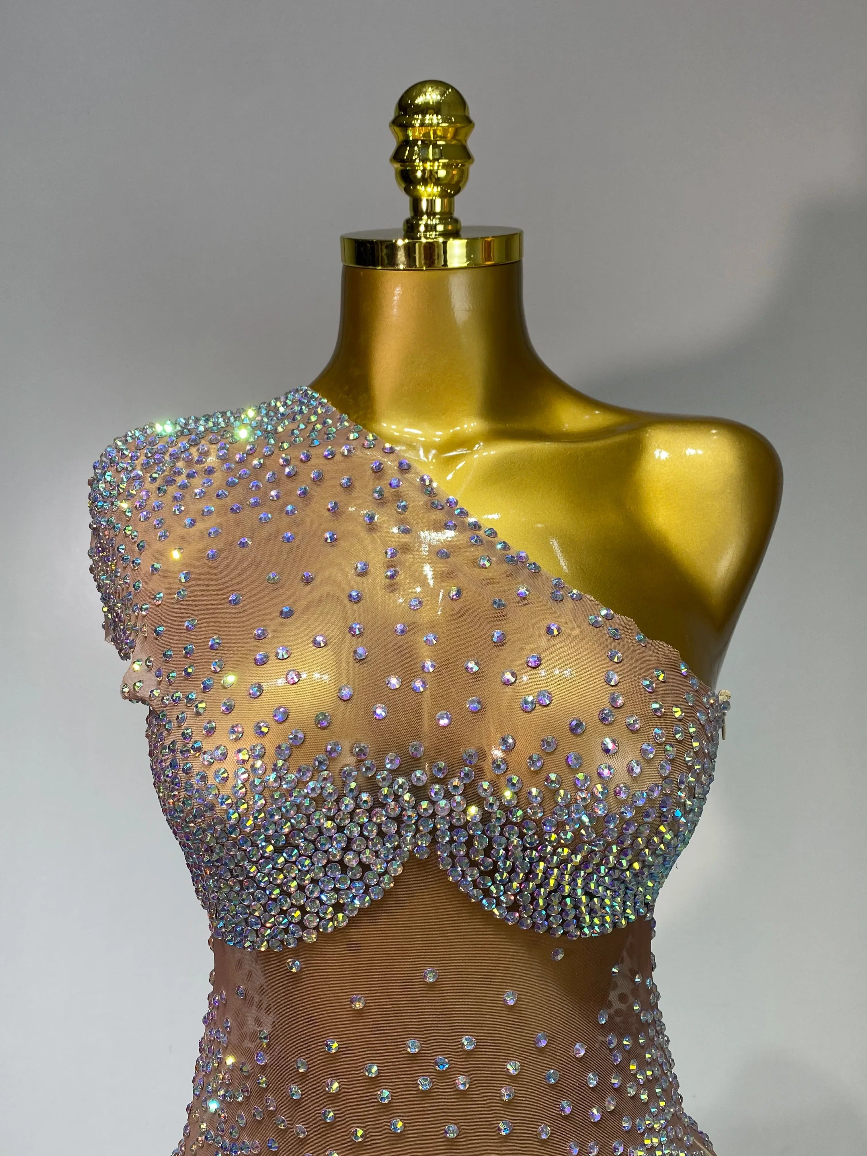 Sparkly Rhinestones Women Sexy One Shoulder Bodycon Mini Dress Mesh See Through Celebrate Nightclub Party Birthday Stage Outfit
