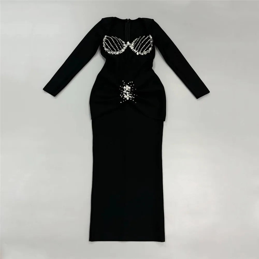Women Long Sleeve Sqaure Collar Shinning Diamond Bodycon Long Bandage Dress Celebrate Elegant Evening Party Wear