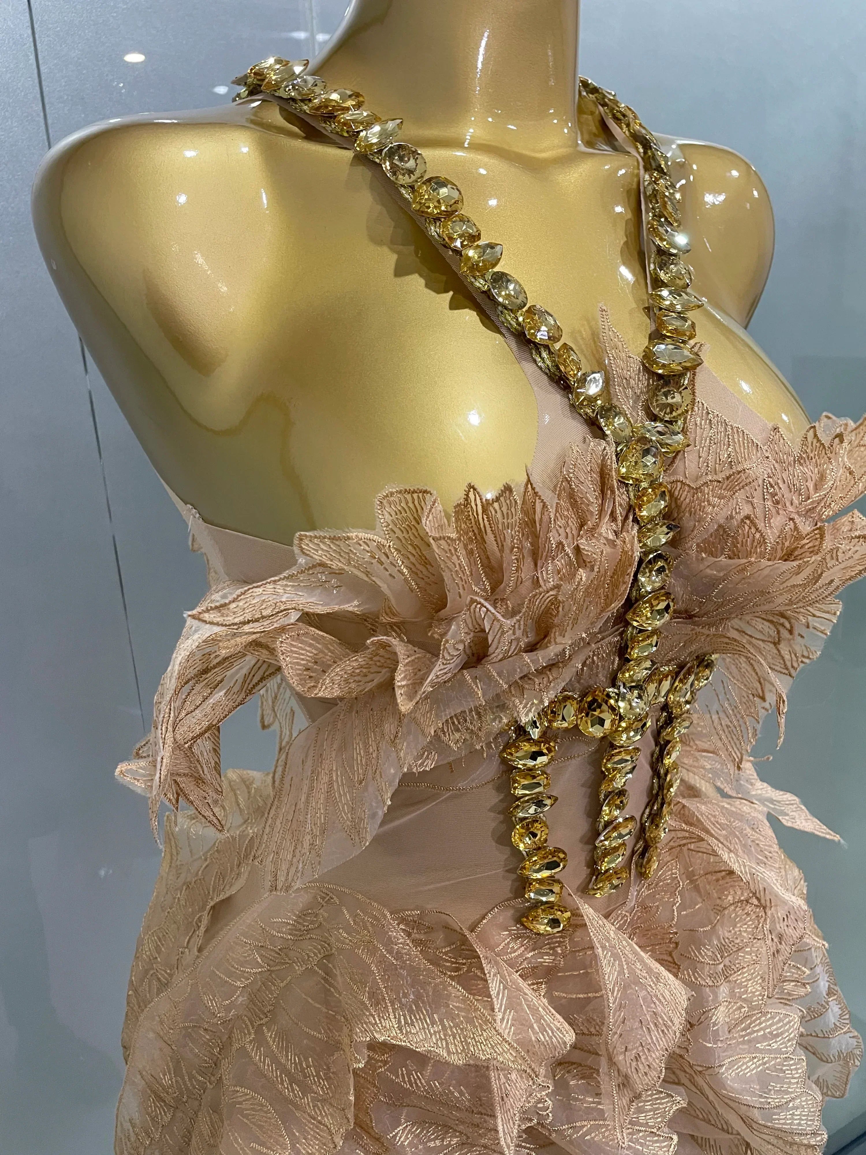 Sexy Shining Gold Crystal Transparent Wings Mini Dress  Women Birthday Party Bar Nightclub Singer Stage Performance Costume