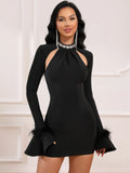 Sexy Women's Light Luxury Nail Bead Hollow Bandage Dress O-neck Trumpet Sleeve Feather Design Bodycon Mini Dress Vestidos black