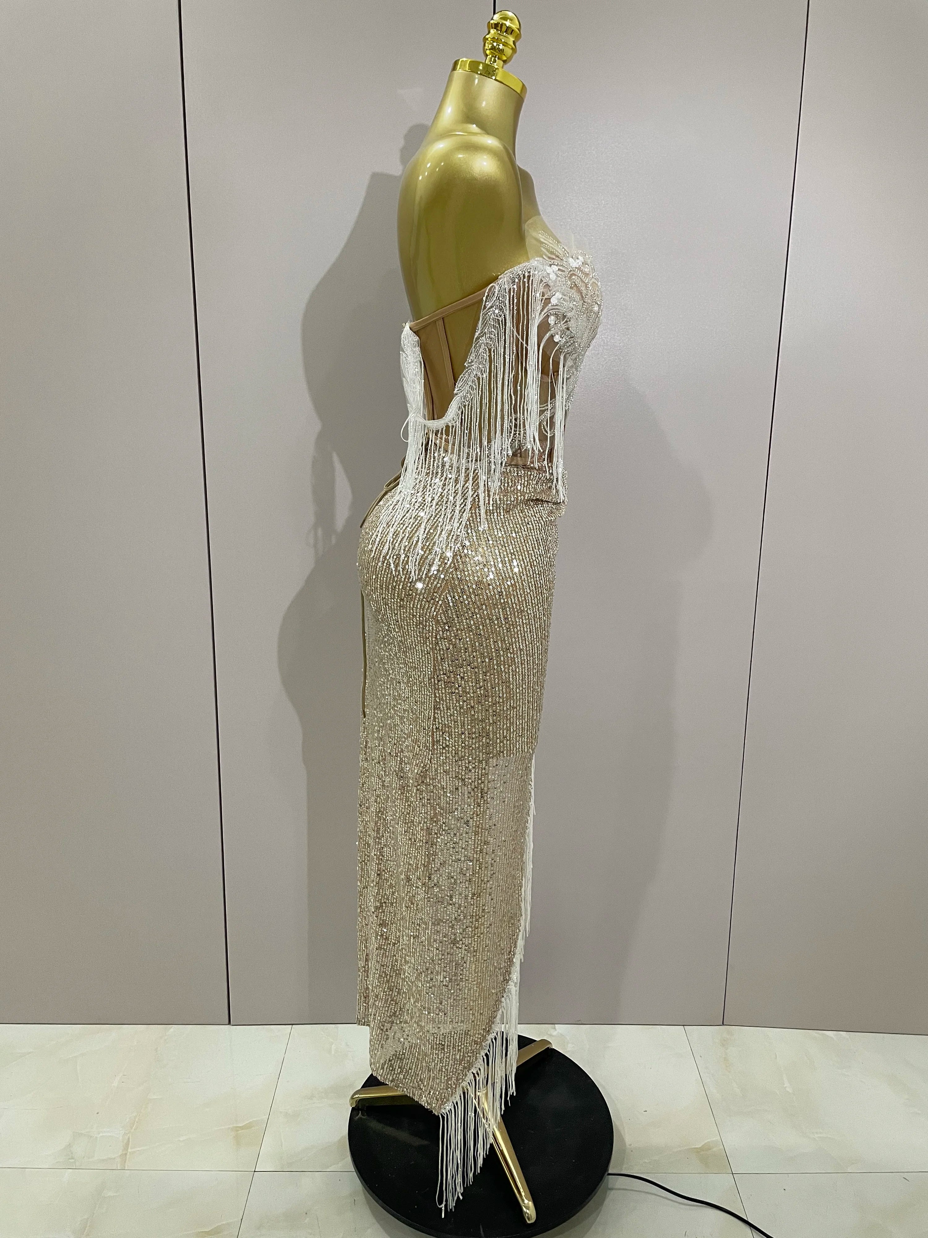 Sexy Luxury Sparkly Sequin Tassel Two Piece Set  Women Evening Party Birthday Singer Performan Costume Nightclub Girl Outfit