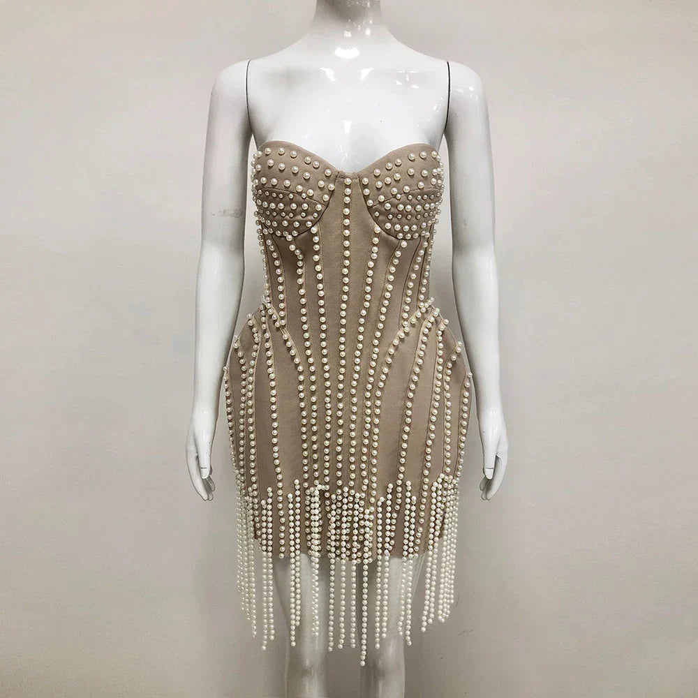Ladies Luxury Bead Tassels Strapless Backless Design Celebrity Party Club Khaki Sleeveless Sexy Mini Bandage Dress New Khaki