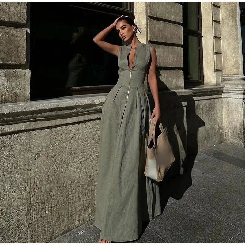 Sleeveless Spliced Zipper VNeck Pleated Work Dress