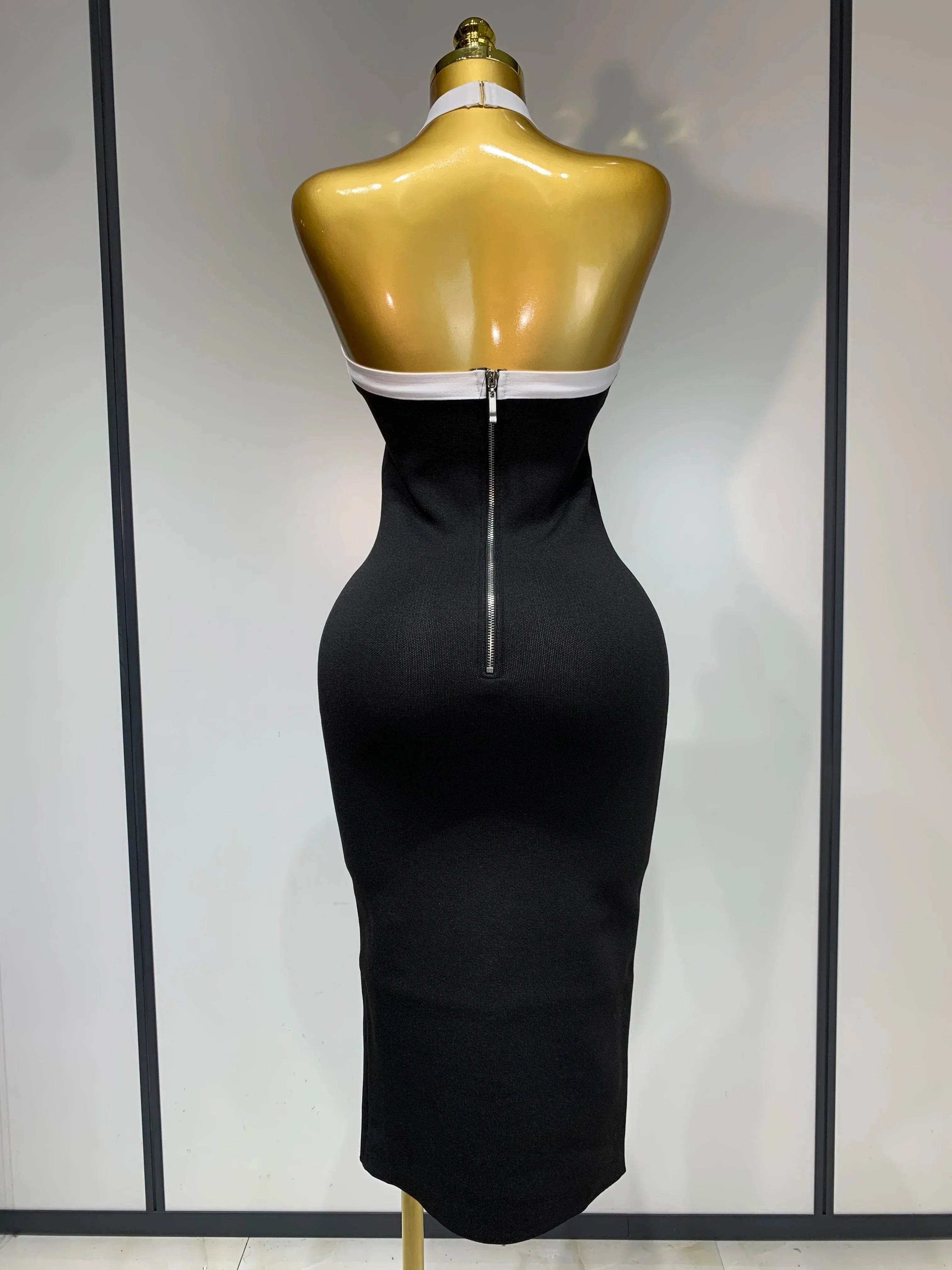 Women Fashion Celebrity Sexy Backless Rose Flower Midi Black Jacquard Bandage Dress  Elegant Evening Club Party Dresses