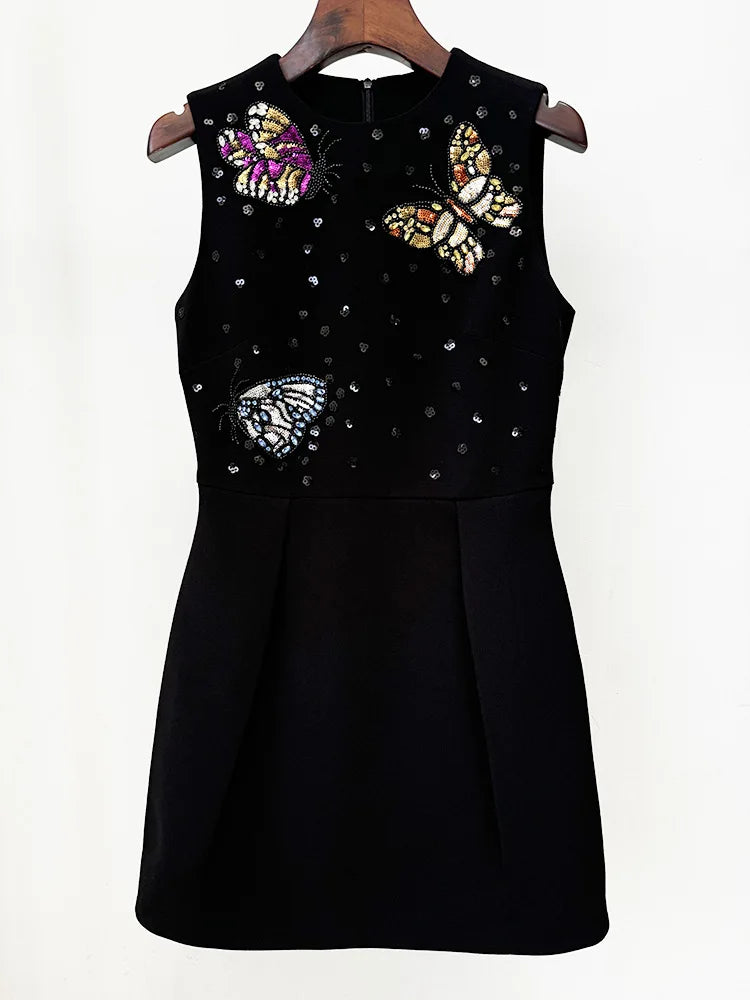 New Spring Women Sleeveless Sexy O-Neck Beading Straight Mini Dress Girls' Birthday Party Celebrate Dress Wholesale black